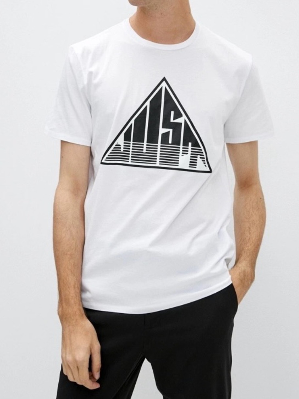 Just Cavalli t-shirt features a bold black triangle logo graphic on the chest M